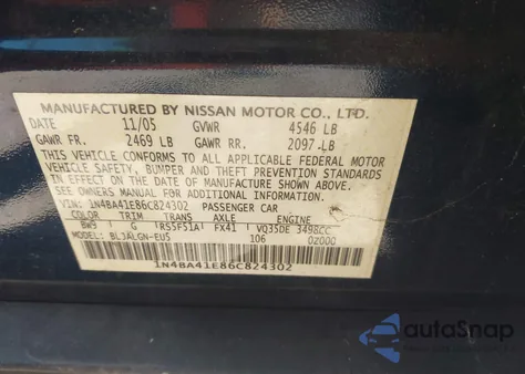 2006 Nissan Maxima 3.5 Sl from USA, damaged, VIN 1N4BA41E86C824302